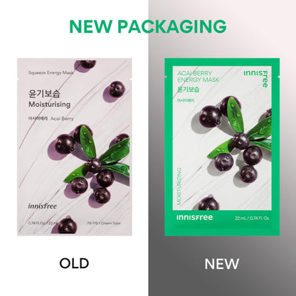 Innisfree Acai Berry Energy Sheet Mask 22ml | Korean Skincare with Antioxidant-Rich Acai Berry Extract | Revitalizes & Nourishes Dull Skin | Soft Cotton Sheet for a Radiant, Healthy Glow