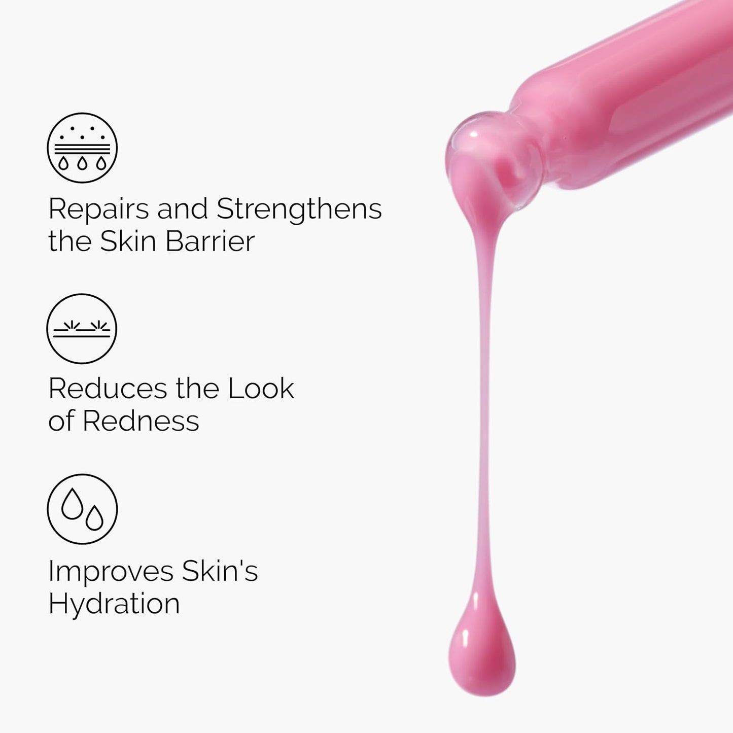 Pink skincare product with text on a white background