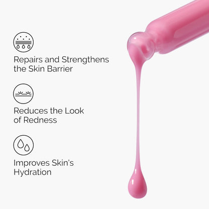 Pink skincare product with text on a white background