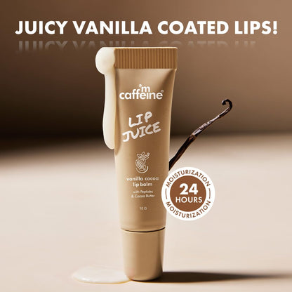 Lip balm tube labeled 'cafm caffeine' with vanilla flavor and 24-hour moisturization claim on a beige background.