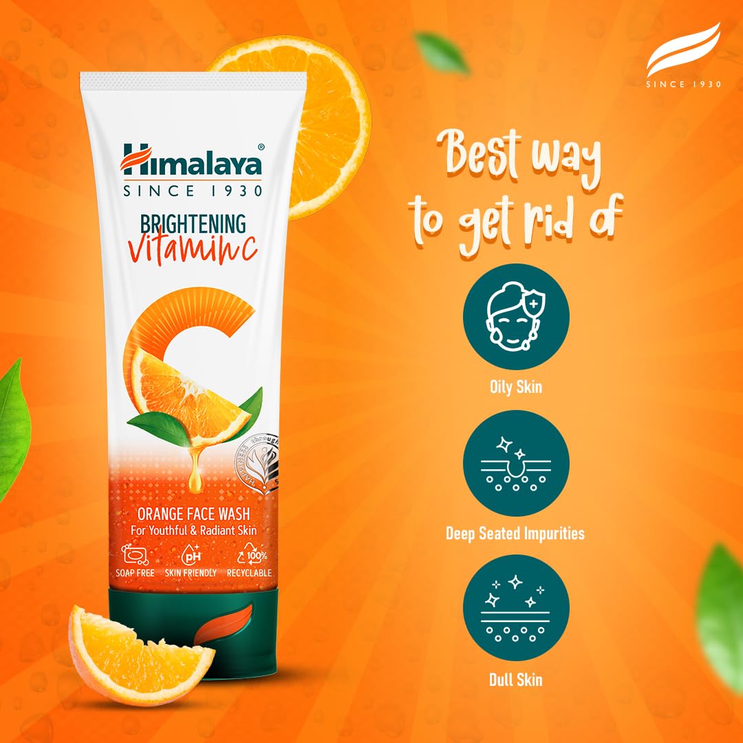 Himalaya Brightening Vitamin C Orange Face Wash on an orange background with text and icons.