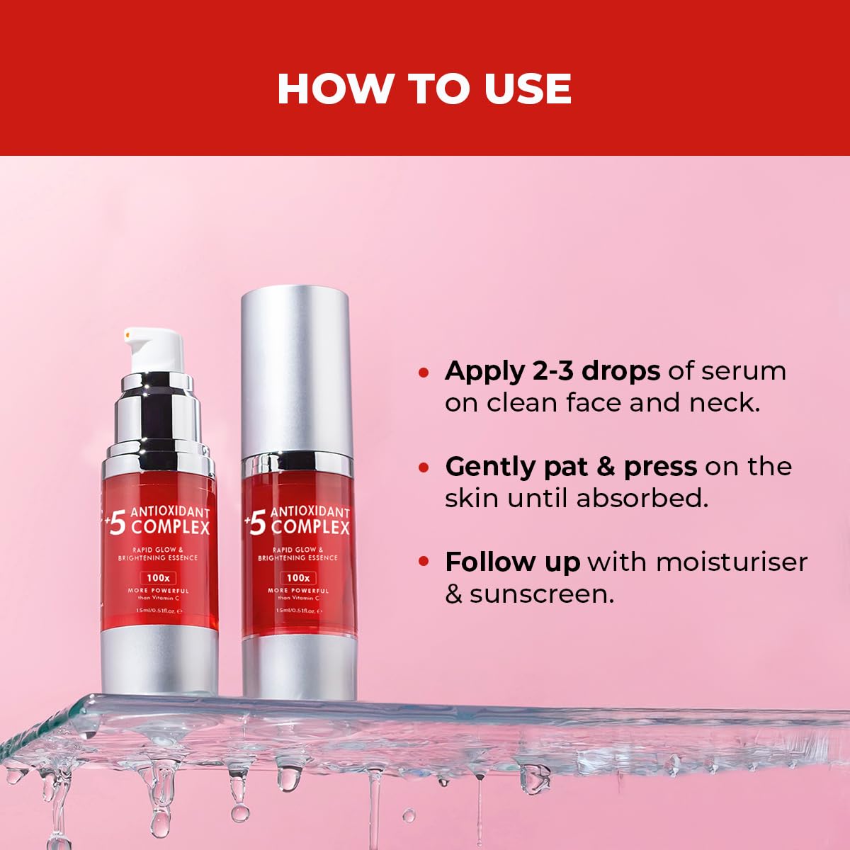 Two skincare serum bottles with usage instructions on a pink background