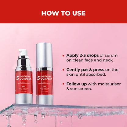 Two skincare serum bottles with usage instructions on a pink background