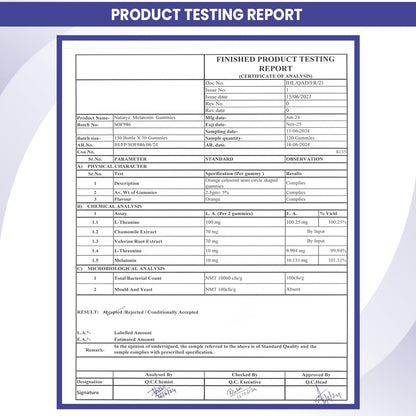Product testing report with a blue border