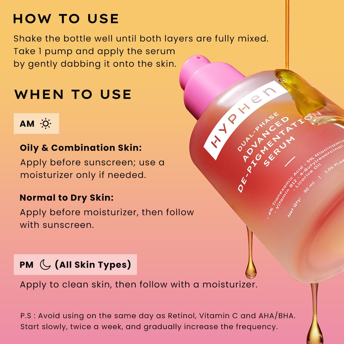 Hyphen serum bottle with usage instructions on a gradient background