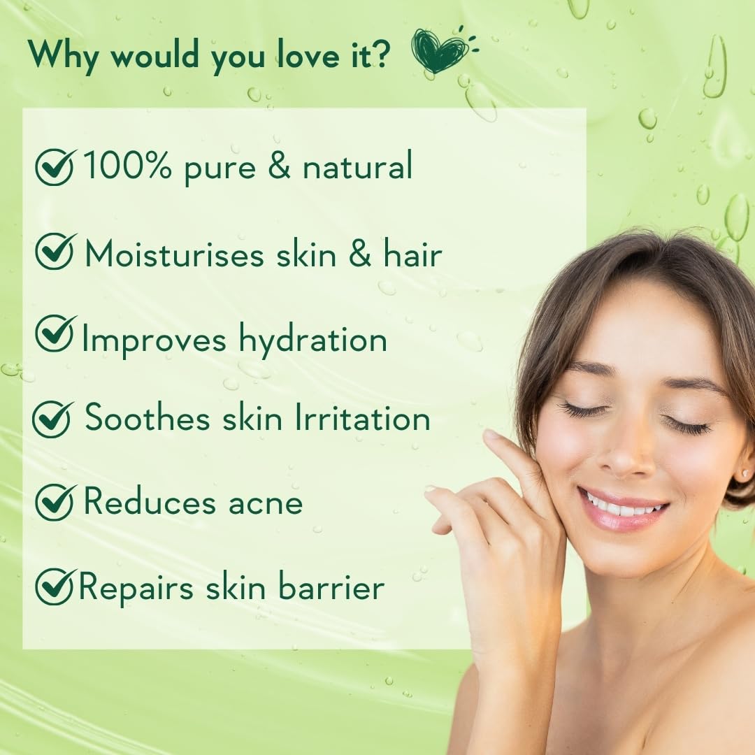 Woman with smooth skin on a green background with text about product benefits