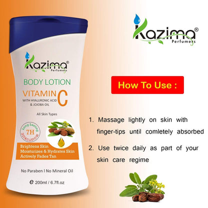 KAZIMA VITAMIN-C BODY LOTION (200ML) with Hyaluronic & Jojoba Oil For Skin Moisturizer & Hydrates Skin