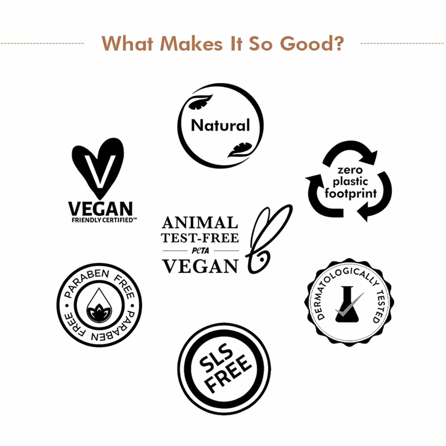 Set of black and white certification logos on a white background with text 'What Makes It So Good?'.