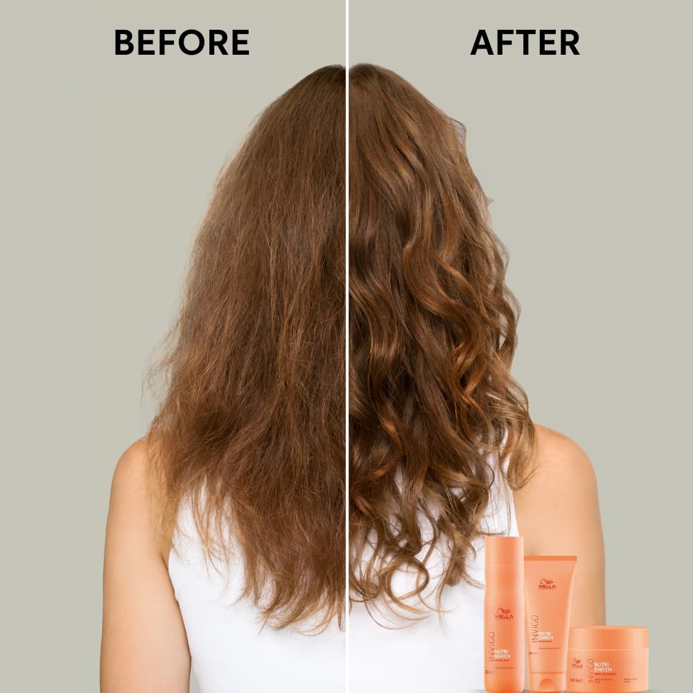 Before and after comparison of hair with a product display on a neutral background