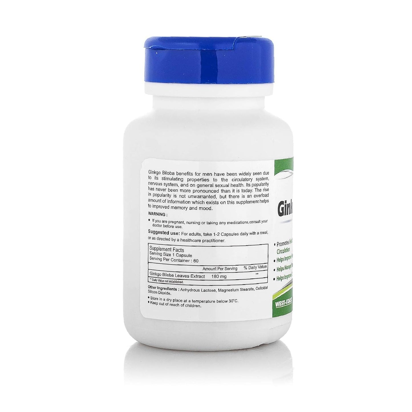 Supplement bottle with blue cap and white label on a white background