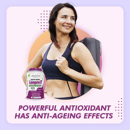 Woman holding a supplement container with text about powerful antioxidants and anti-ageing effects on a colorful background.
