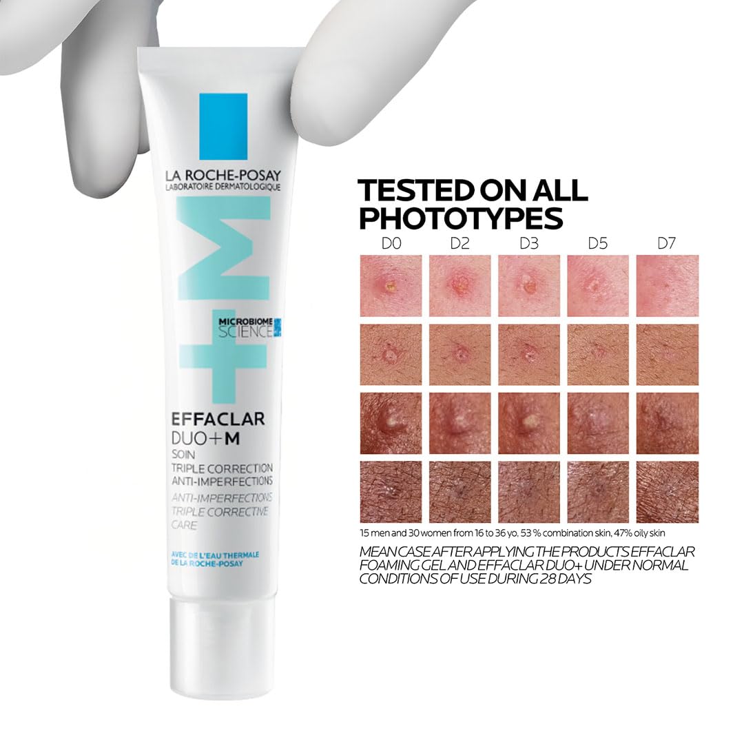 La Roche-Posay Effaclar Duo+M skincare product with skin type chart on a white background