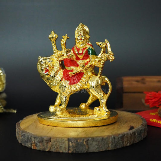 Gold Art India Gold Plated Ambe MATA Idol – 4.8 Inch Goddess Durga Murti with Red & Green Attire on Lion | Poly-Resin Statue for Home Mandir, Pooja Room & Festive Gifting