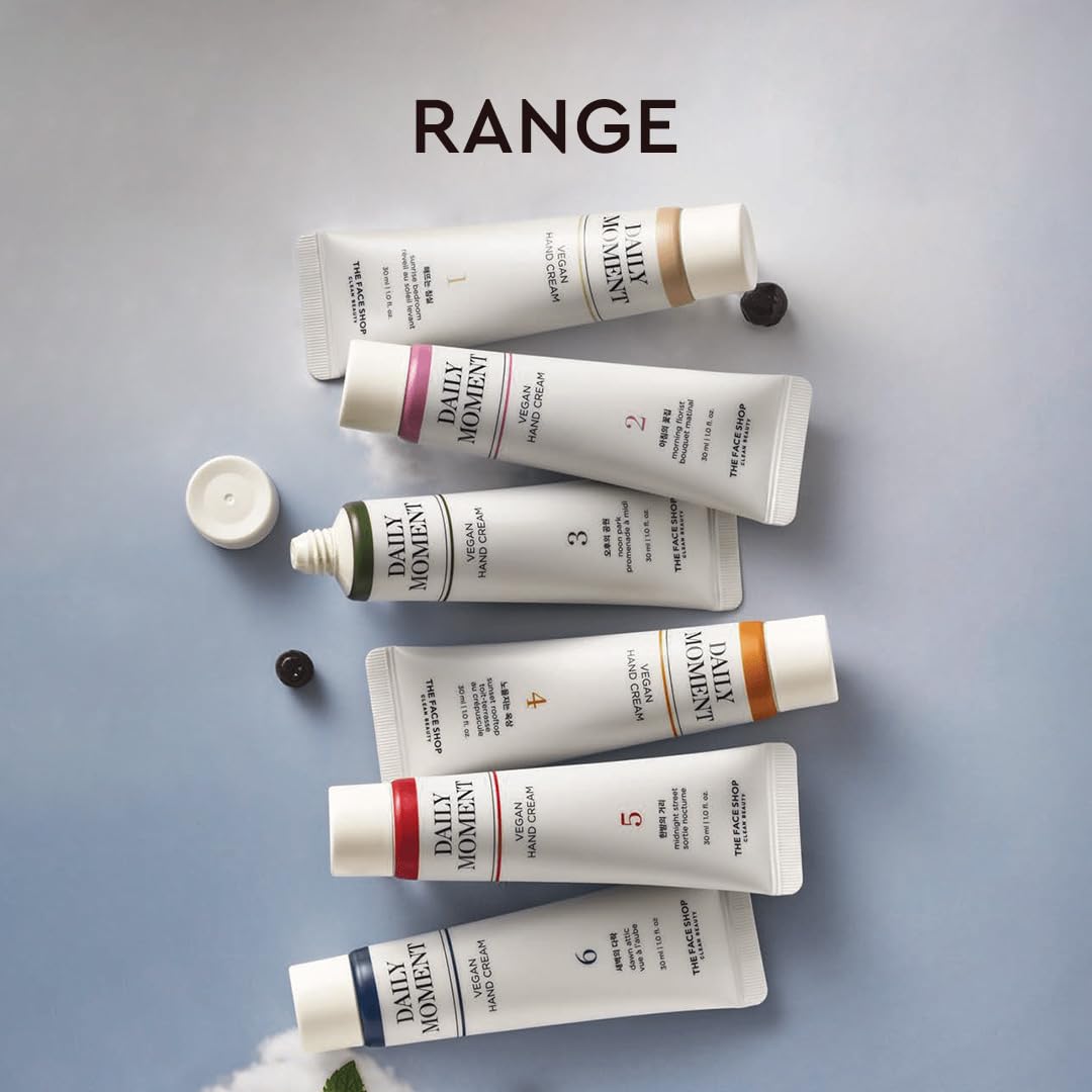 Set of 'Daily Moment' hand cream tubes on a gradient background with 'RANGE' text.