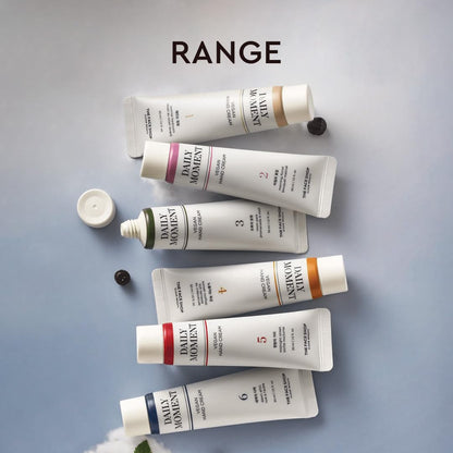 Set of 'Daily Moment' hand cream tubes on a gradient background with 'RANGE' text.