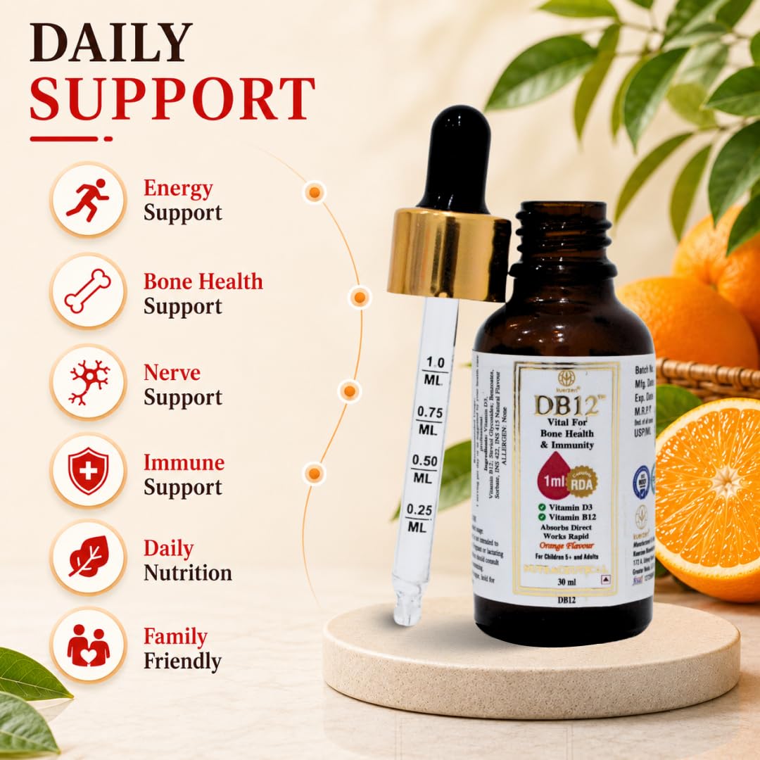 KuerZen DB12 Vitamin D3 + Vitamin B12 Sublingual Liquid Drops | Sugar Free Daily Vitamins | Bone, Energy, Nerve & Immune Support | Vitamin B12 Deficiency Supplement | Orange Flavour | 30ml
