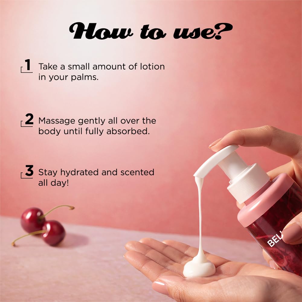 Bella Cherry body lotion being applied with usage instructions on a pink background