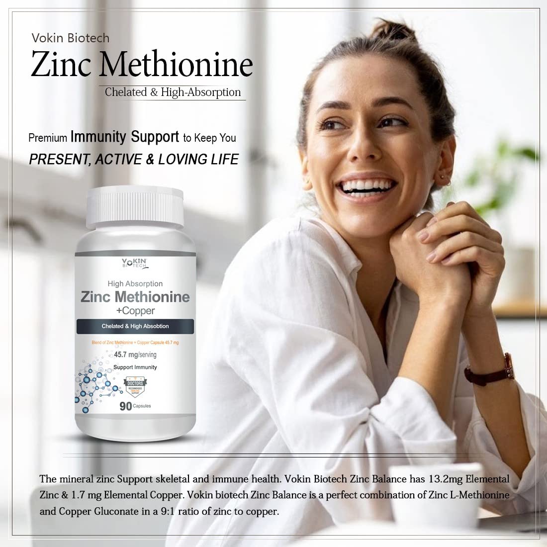 Woman smiling with a bottle of Vokin Biotech Zinc Methionine supplement in front of her.