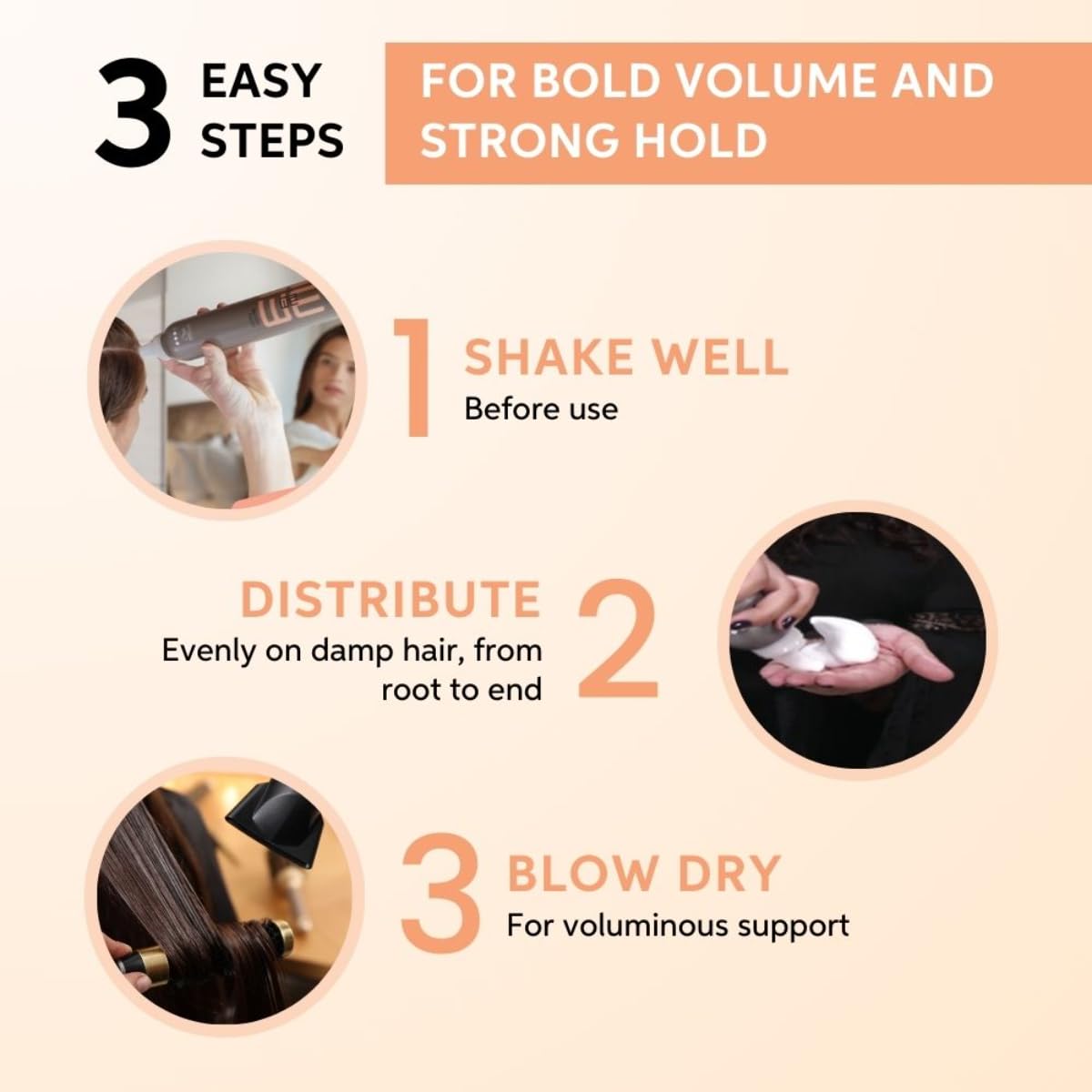 Instructions for using a hair product with three easy steps on a beige background.