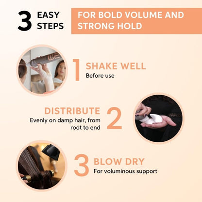 Instructions for using a hair product with three easy steps on a beige background.