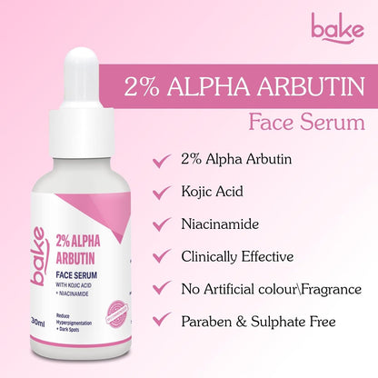 BAKE 2% Alpha Arbutin & Kojic Acid Face Serum Niacinamide for Dark Spots,Pigmentation & Tan Removal | Reduces Dark Spots, Controls Melanin Production & Evens Out Skin Tone | For Men & Women | 30ml