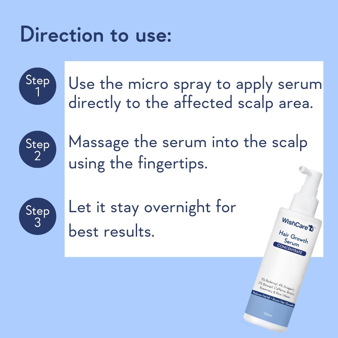Hair growth serum with usage instructions on a blue background