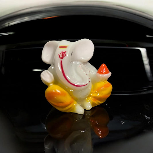 Lord Ganesha Idol for Car Dashboard | Composite Marble Ganesh | Available in White, Golden & Black | Small Sitting Ganpati Murti