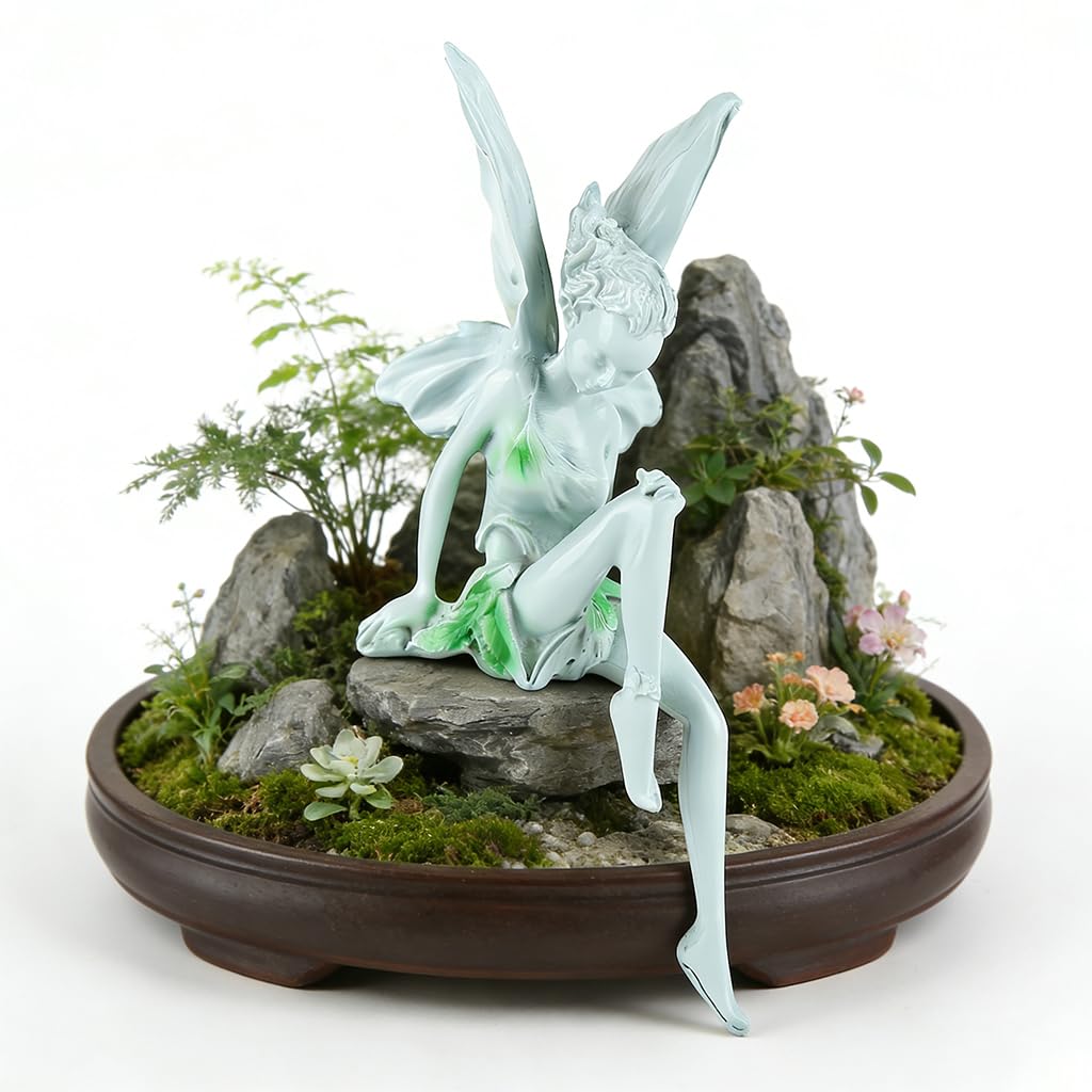 Angel Statue Fairy Figurine Resin Sitting Green Dress Garden Decor