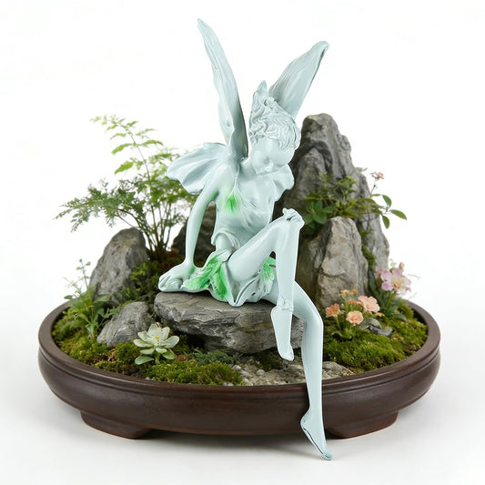 Angel Statue Fairy Figurine Resin Sitting Green Dress Garden Decor