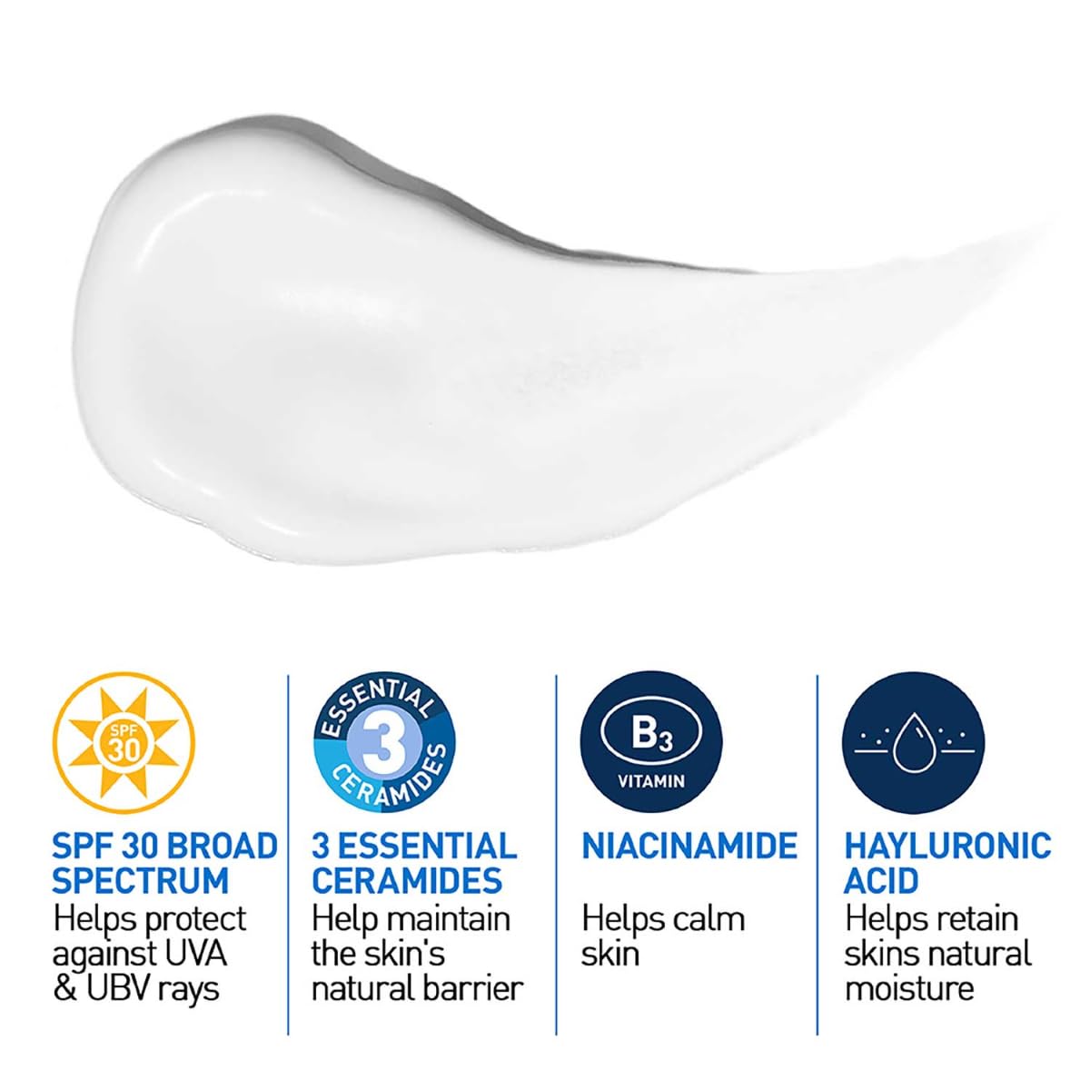Skincare product with SPF 50 broad spectrum, essential ceramides, niacinamide, and hyaluronic acid on a white background.