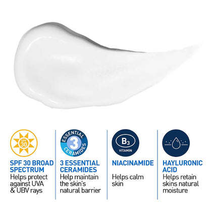 Skincare product with SPF 50 broad spectrum, essential ceramides, niacinamide, and hyaluronic acid on a white background.