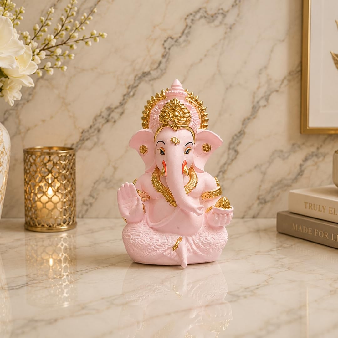 Gold Art India Pink Finish Lord Ganesha Idol for Car Dashboard & Home Decor | Ganpati Murti for Puja Room & Office Desk | Decorative Gift Figurine (3.5 Inches)