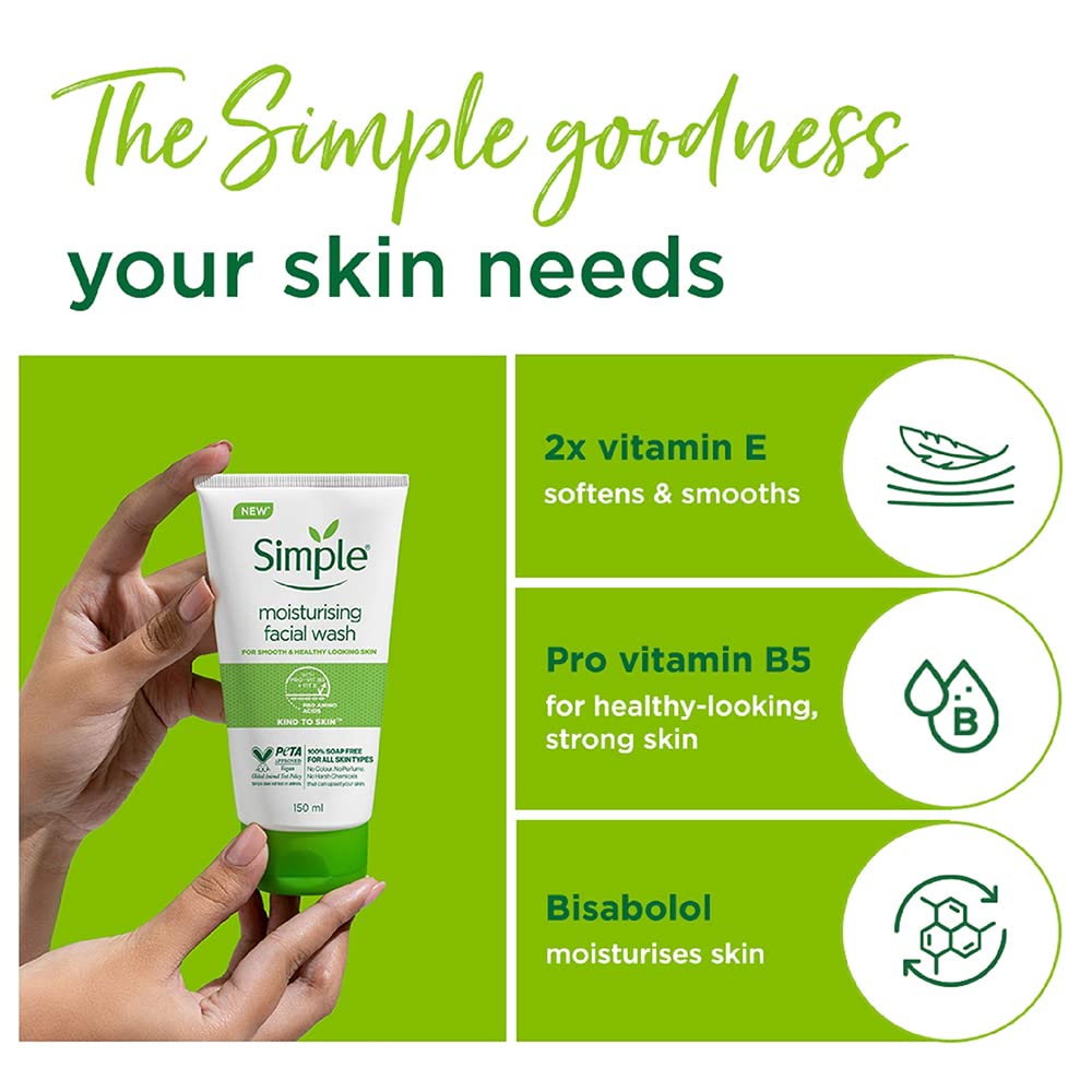 Simple Kind To Skin Moisturising Facial Wash 150 ml | 100% Soap-Free Facewash that leaves your skin moisturised | For normal to dry skin