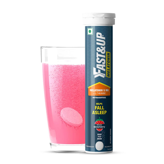 FAST&UP Melatonin supplement tube with a glass of pink drink on a white background