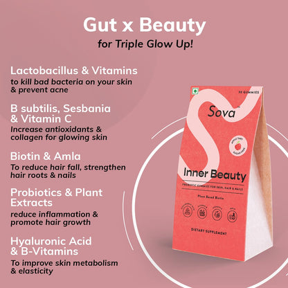 Sova Probiotic Plant Based Biotin Gummies | Acne Prevention & Glowing Skin | Prebiotics + 5 Billion CFUs Probiotics |10000 mcg Plant-Based Biotin, Hyaluronic Acid, Vitamin C, Amla | 30 Vegan Sugarless Gummies | Inner Beauty