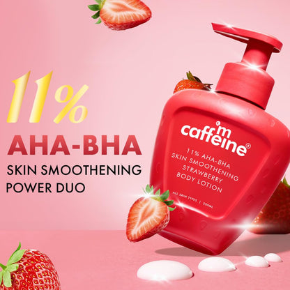 Red bottle of 'I'm Caffeine' skin smoothing strawberry body lotion with strawberries on a pink background