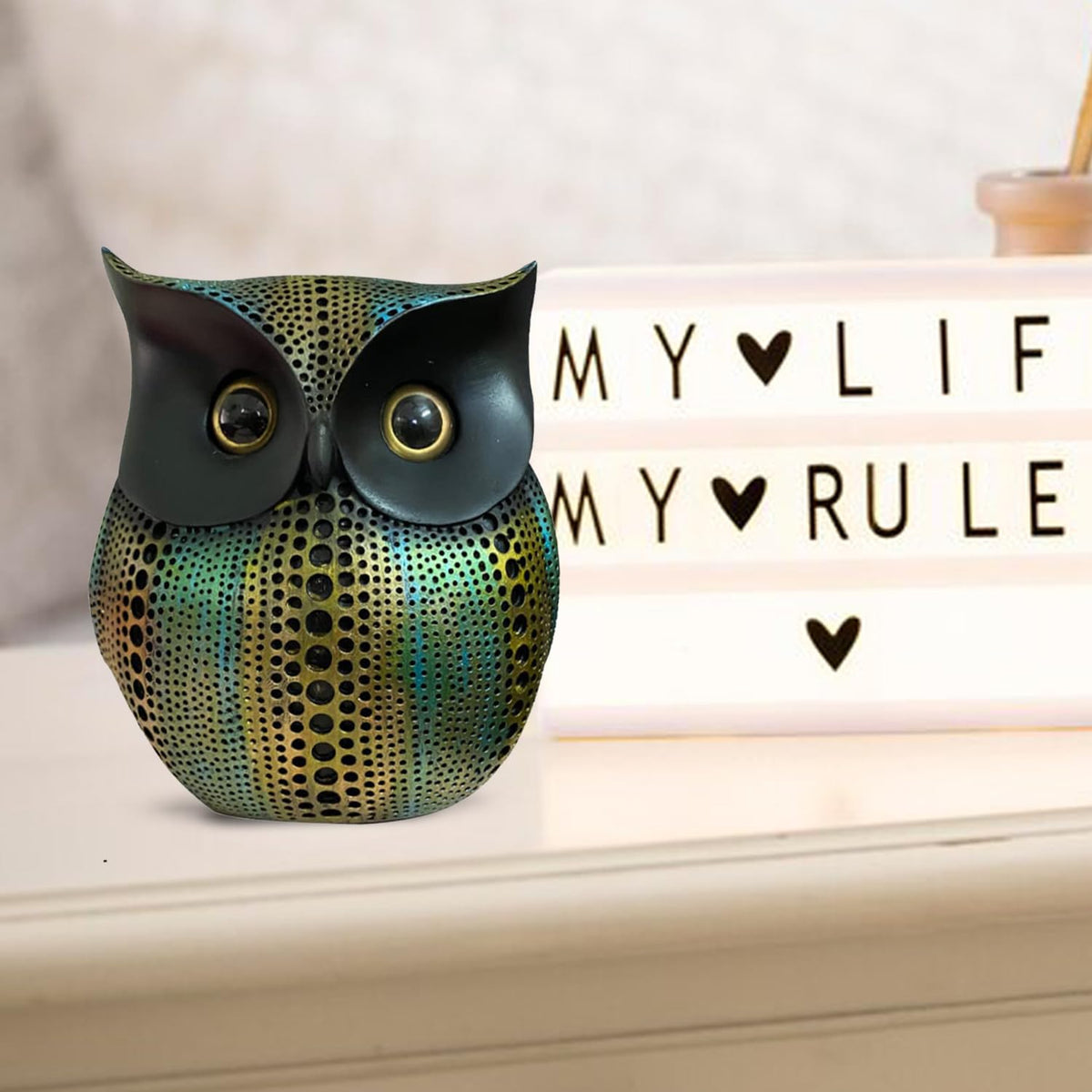 Modern Classy Happy Owl Resin Art Figure Showpiece (Multicolor), 13L X 6.5W X 14H CM