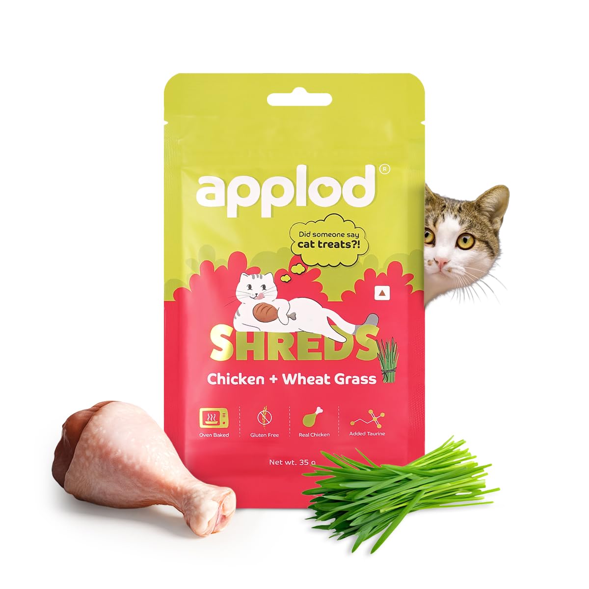 Applod Chicken with Wheat Grass Soft Cat Treats for Kittens & Adult Cats | Made with Real Chicken Meat | Grain-Free Protein-Rich Snacks with Taurine & No Fillers | 35g