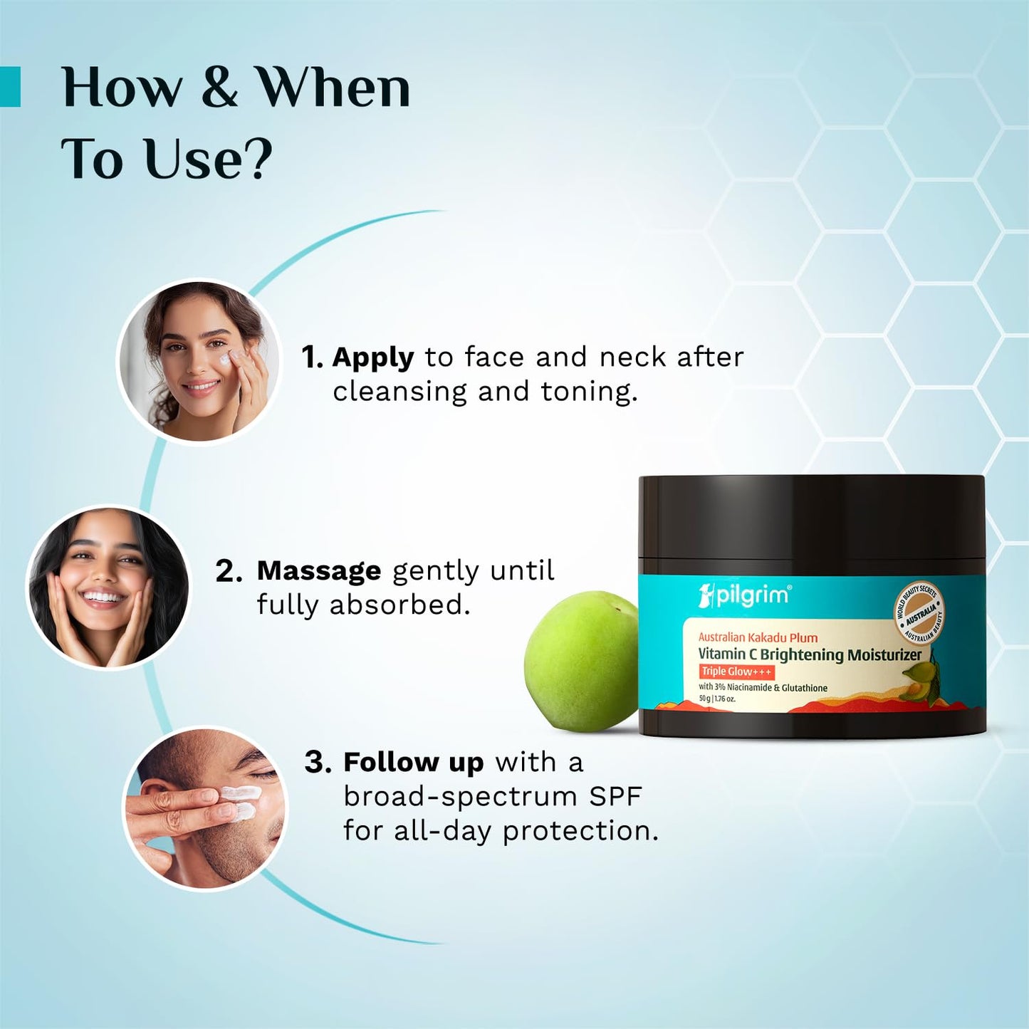 Pilgrim Australian Kakadu Plum Vitamin C Face Moisturizer with Niacinamide for Glowing Skin | Triple Glow Brightening Cream | Hydrating Gel for Dark Spots & Pigmentation Removal | For All Skin - 50 g