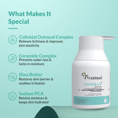 Fixderma Dewrav Body Wash for Dry & Sensitive Skin with Shea Butter & Ceramide Complex | Deep Hydration & Repair Skin Barrier | Soap Free Formulation | Body Wash Shower Gel for Men & women - 250 ml