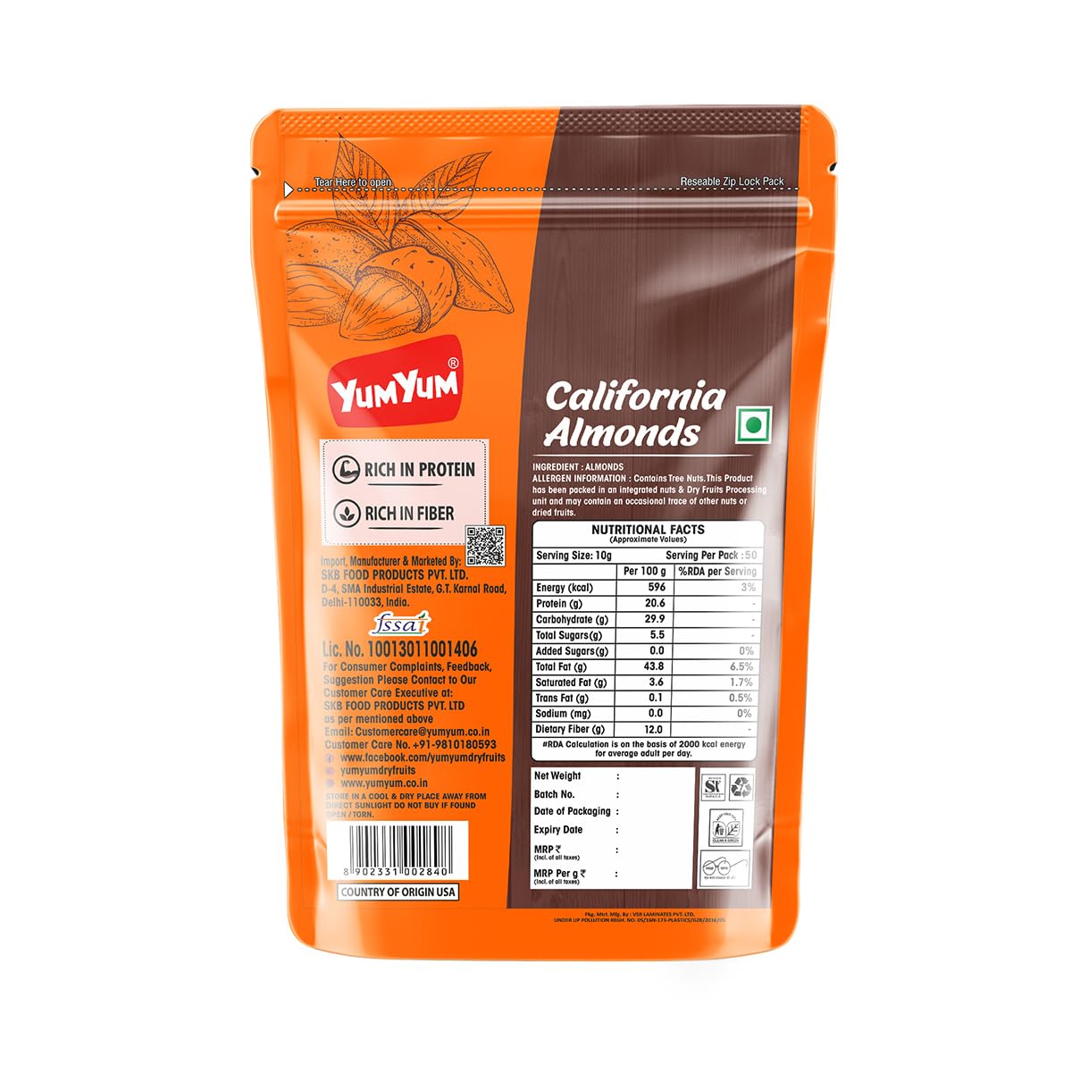Yum Yum California Almonds/Badam Whole, 1Kg, Real Nuts, High in Fiber, Badam Giri, Rich in Protein, Magnesium, Phosphorus and Dietary Fibre, Dry Fruits