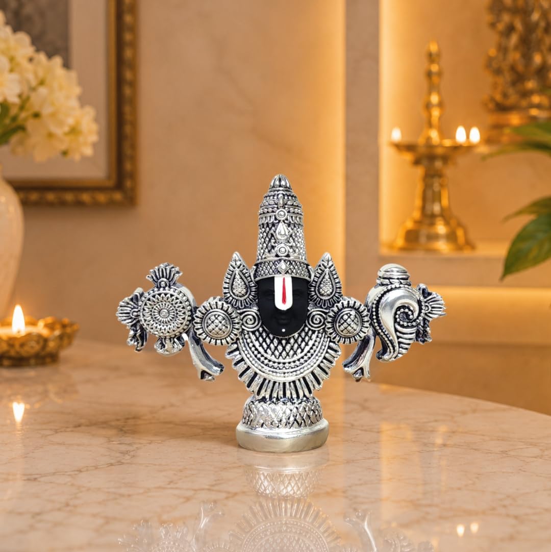 Gold Art India Lord Venkateswara Balaji Idol | Silver-Plated Antique Matte Finish | 3.5 x 4.2 inch | Tirupati Balaji Statue for Home Mandir, Office & Gift Purpose