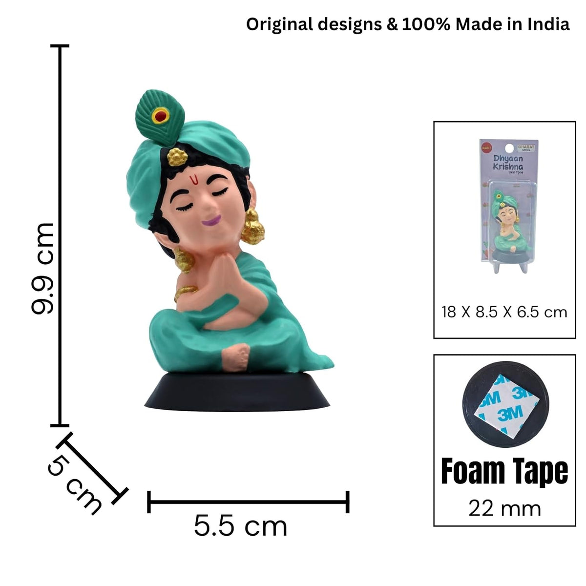 Krishna Ji Figurine Showpiece for Car Dashboard, Home Office | Ladoo Gopal Murti Statue for Hindu Temple, Spiritual Decor | Gift for Devotees (DHYAAN Krishna Skin Tone)