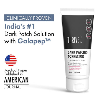 Tube of Thrive Dark Patch Corrector with promotional text on a white background