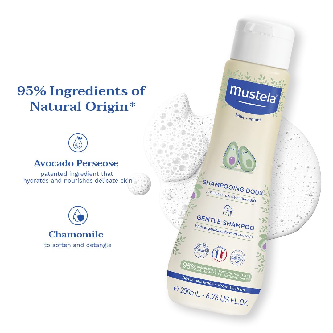 Mustela Gentle Baby Shampoo – Tear-Free Daily Shampoo with 93% Plant-Based Ingredients – Hypoallergenic & Biodegradable – 6.76 fl oz (200 ml)