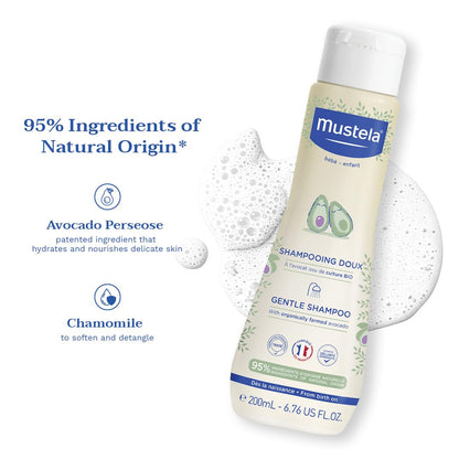 Mustela Gentle Baby Shampoo – Tear-Free Daily Shampoo with 93% Plant-Based Ingredients – Hypoallergenic & Biodegradable – 6.76 fl oz (200 ml)