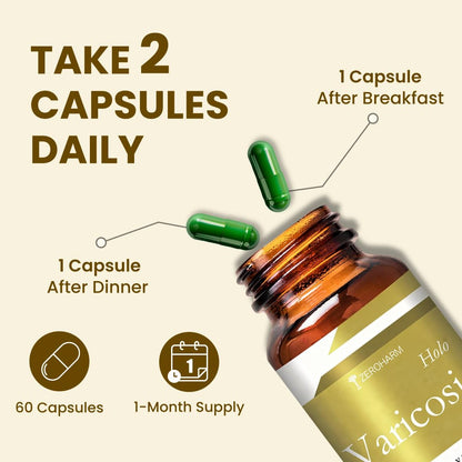 ZEROHARM Holo Varicosis With Horse Chestnut, Gotu Kola, Hesperidin, Rutin, Butcher’s Broom & Grape Seed Extract | Reduce Varicose Veins, Boost Circulation and Leg Comfort | For Men and Women | 60 Nano Capsules