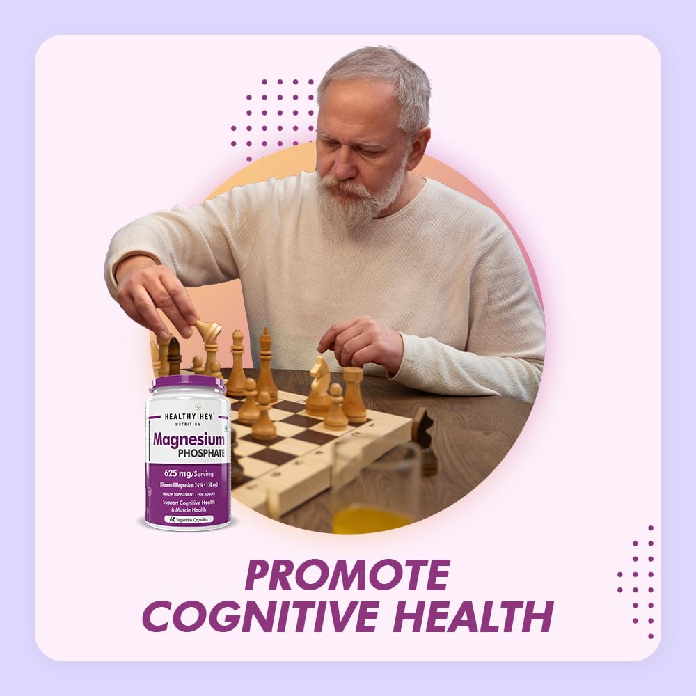 Man playing chess with a supplement bottle labeled 'Magnesium Phosphate' on a checkered tablecloth.