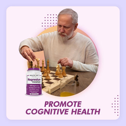 Man playing chess with a supplement bottle labeled 'Magnesium Phosphate' on a checkered tablecloth.