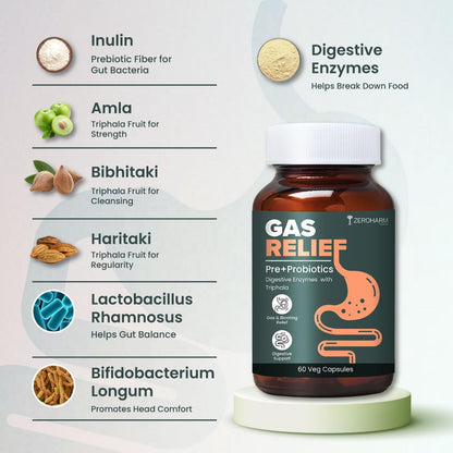 ZEROHARM Gas Relief Capsules | Ayurvedic Pre‑Probiotic & Digestive Enzymes Blend with Triphala (Amla, Haritaki, Bibhitaki) | Eases Digestion, Bloating, Gas Relief & Acidity | Men & Women | 60 Capsules